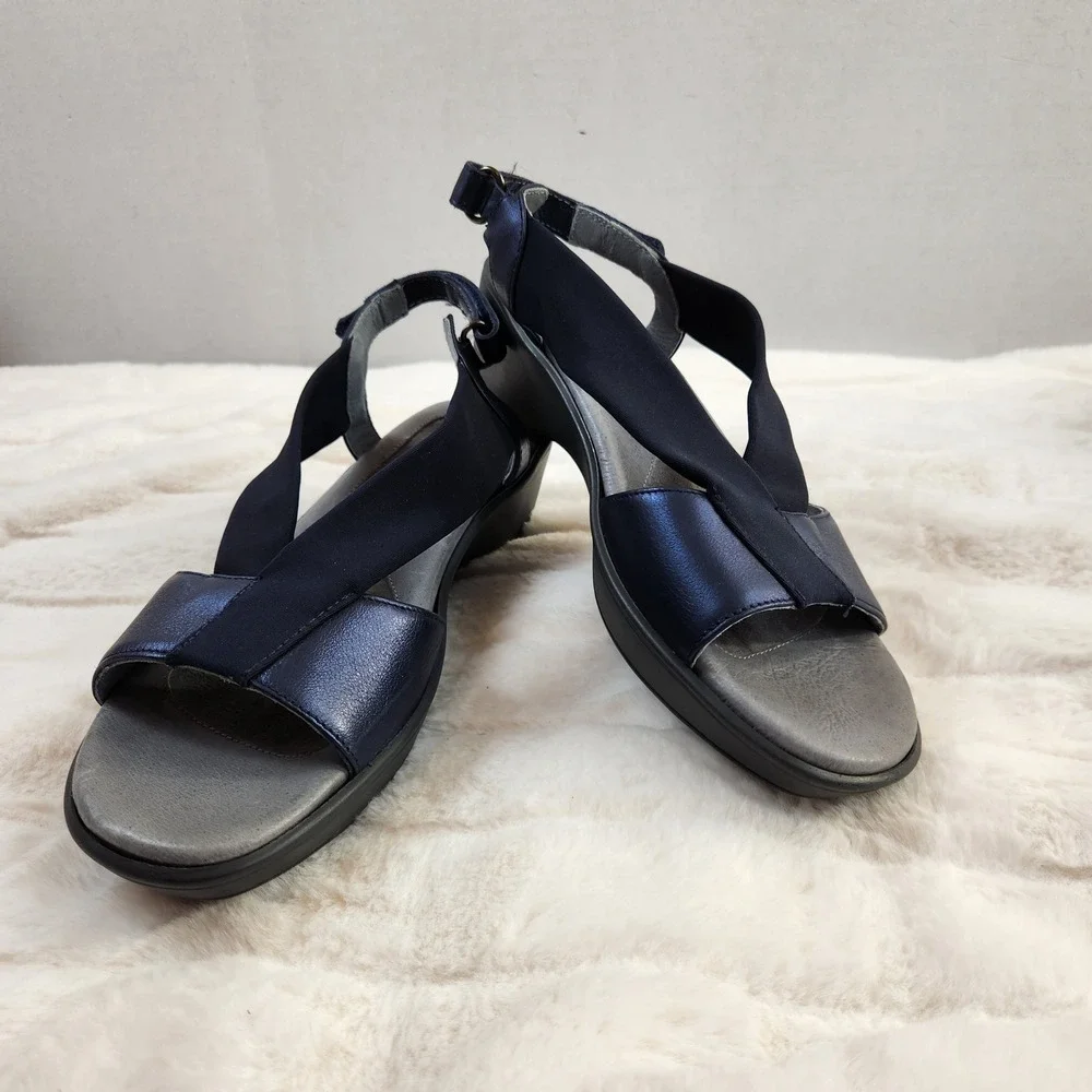 Naot Muscat Metallic Navy Leather Wedge Sandals Womens 39 Elastic‎ Straps 8-8.5